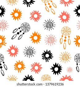 Vector seamless background. Funny decorative sun and dream catcher. Design for fabric, textile, paper, wallpaper, web. Vintage style. Retro.