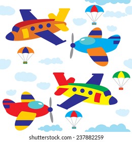 Vector seamless background with funny decorative pattern with the image planes, parachutes and clouds