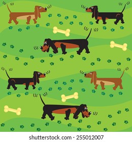 Vector seamless  background with a funny dogs and tracks in  green grass.