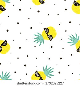 vector seamless background of funny pineapples in glasses with lettering summer, tropical print