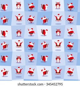 Vector seamless background  funny Santa Claus different character dancing does morning exercises for design wallpaper or wrapping paper