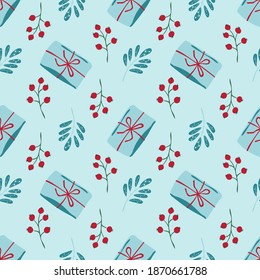 Vector seamless background with gift boxes with bow and sprigs with red berries. Illustration for greeting cards, invitations, posters, wrapping paper, fabric