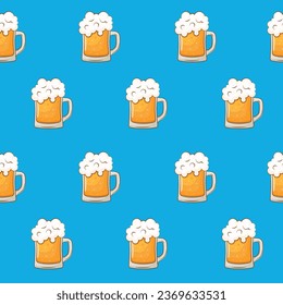 Vector de fondo transparente con vasos de cerveza. Vidrio de cerveza sobre fondo azul. Patrón para tela, papel de envoltura.