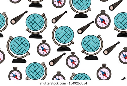 Vector seamless background with globe, telescope, and compass. Travel items
