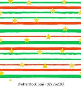 Vector seamless background with gold foil stars. Christmas background with green red brush strokes of paint