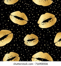 Vector seamless background with gold glamorous lips on black with tinny round confetti. Lips prints wrapping paper. Good for package design