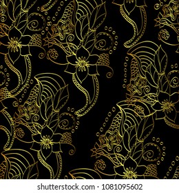 Vector seamless background with golden leaves and plants on dark field.