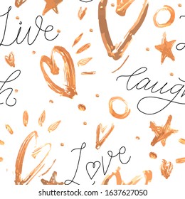 Vector seamless background with golden strokes and hearts. Endless wallpaper