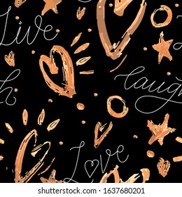 Vector seamless background with golden strokes and hearts. Endless wallpaper