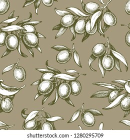 Vector seamless background graphic sketch illustration of a branch olive tree, leaves, olives. Seamlee elegant nature pattern