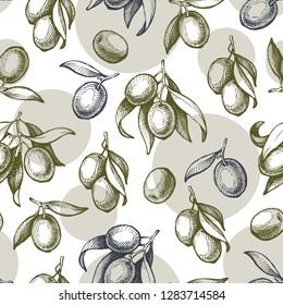 Vector seamless background graphic sketch illustration of a branch olive tree, leaves, olives. Seamlee elegant nature pattern