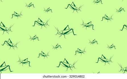 Vector seamless background of grasshoppers. Chaotic grasshoppers on a green background.