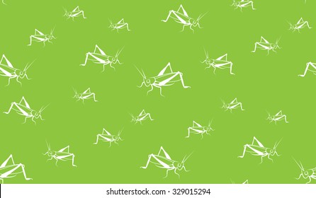 Vector seamless background of grasshoppers. Chaotic grasshoppers on a green background.