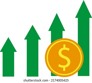 Vector seamless background of green arrows with gold coin and dollar symbol. Increase in the value of a currency. Economy and Finance.