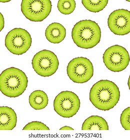 Vector seamless background with green kiwi slices on white.