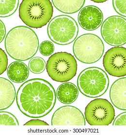 Vector seamless background with green kiwi and lime slices on white.