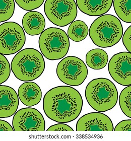 Vector seamless background with green kiwi slices on white