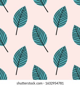 Vector seamless background with green leaves. Pink background with leaves. Vector green leaf.
