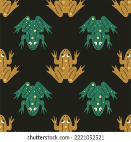 Vector seamless background with green and yellow frogs. Colored cartoon ornament with animals. Funny design for print, fabric, textile, background, wallpaper, wrapper, postcard, decoration.