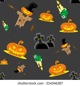 Vector seamless background Halloween kit scarecrow, pumpkins, candles, graves and cross