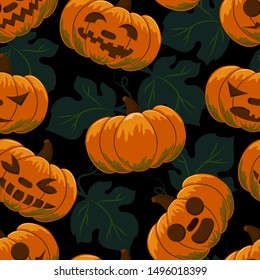 Vector, seamless background. Halloween. Background with leaves and pumpkins. Faces of vegetables. On black background.