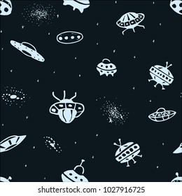 Vector seamless background from hand drawn UFO. Doodle UFO Flying Saucer and galaxy. Universe pattern