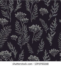Vector seamless background with hand drawn illustration of herbs, plants and flowers on dark field. Can be used for wallpaper, pattern fills, web page, surface textures, textile print, wrapping paper