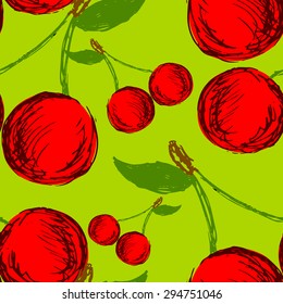 Vector seamless background with hand drawn cherries