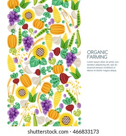 Vector seamless background with hand drawn vegetables and cereal grains icons. Autumn harvest illustration. Design elements for agriculture, harvesting, gardens, farm and farming organic products.