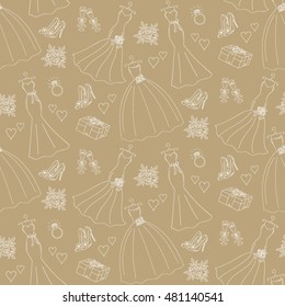  Vector seamless  background  with hand drawn wedding dresses.