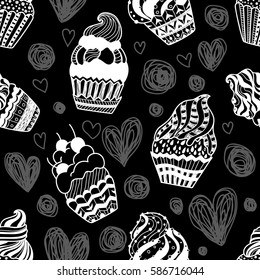 Vector seamless background of hand drawn cakes on a dark background.