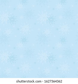 Vector seamless background with hand-drawn sketch snowflakes on a light blue background. Cool winter texture with a low-contrast pattern. Endless tile illustration for fabric, print and decoration.