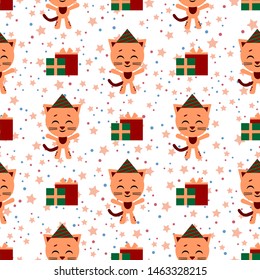 Vector seamless background. Happy birthday. Funny little cat cartoon emoji characte.