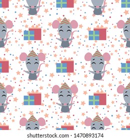 Vector seamless background. Happy birthday. Funny little rat with gift boxs on white background. Cartoon emoji characte.