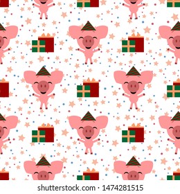 Vector seamless background. Happy birthday. Funny little pig cartoon emoji characte.