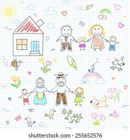Vector seamless background with happy family. Sketch on notebook page