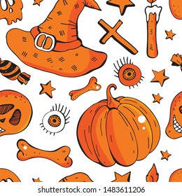 Vector seamless background for happy Halloween. Background of pumpkin, sweets, skull, candle, eye. Design for textile, paper, Wallpaper, packaging, banner, greeting card, invitation. Holiday
