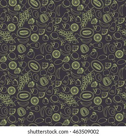 vector seamless background healthy food poster or banner with hand drawn fruits on grey backdrop.