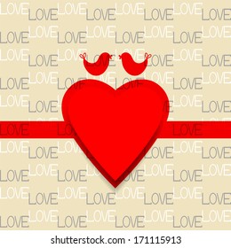 vector seamless background with heart, birds and red ribbon