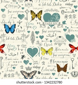Vector seamless background with hearts, butterflies, cupids, keys, keyholes and love theme letterings. Abstract background in retro style with hand written declarations of love in different languages.