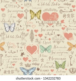 Vector seamless background with hearts, butterflies, cupids, keys, keyholes and love theme letterings. Abstract background in retro style with hand written declarations of love in different languages.