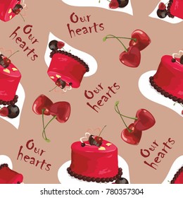 Vector seamless background with hearts, cherries and sweets 