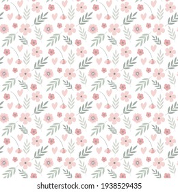 Vector seamless background with hearts and flowers. Cute seamless floral pattern in pastel colors herbs in vintage Scandinavian style for fabrics, paper, textile, gift wrap isolated on white backgroun