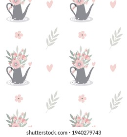 Vector de fondo transparente con corazones y flores en lata de agua. Patrón floral sin costuras en las hierbas de colores pastel para tejidos, papel, textiles, envoltura de regalo aislado en fondo blanco