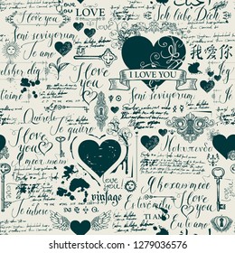 Vector seamless background with hearts, keys, keyholes and love theme letterings. Abstract background in retro style with hand written declarations of love in different languages and old manuscript.