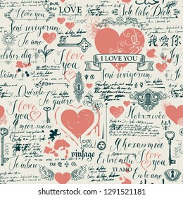 Vector seamless background with hearts, keys, keyholes and love theme letterings. Abstract background in retro style with hand written declarations of love in different languages and old manuscript.