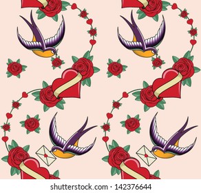 vector seamless background with hearts and swallows
