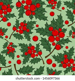 Vector seamless background with Holly leaves and berries