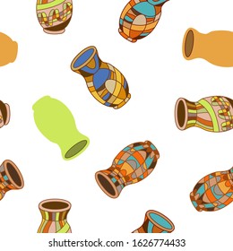 Vector seamless background of household items. Multi-colored clay vases. Bright pattern for the design of wallpaper, textile, fabric, wrapping paper. Volumetric ceramic jug.