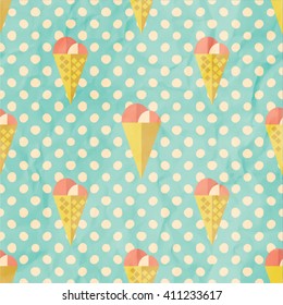 Vector seamless background with ice cream cones. Childish pattern. Crumpled paper texture.